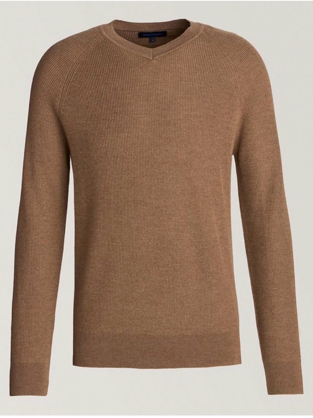 Patrick Assaraf Luxury 100% Fine Merino Wool ALL-OVER RIBBED V-Neck - L brown